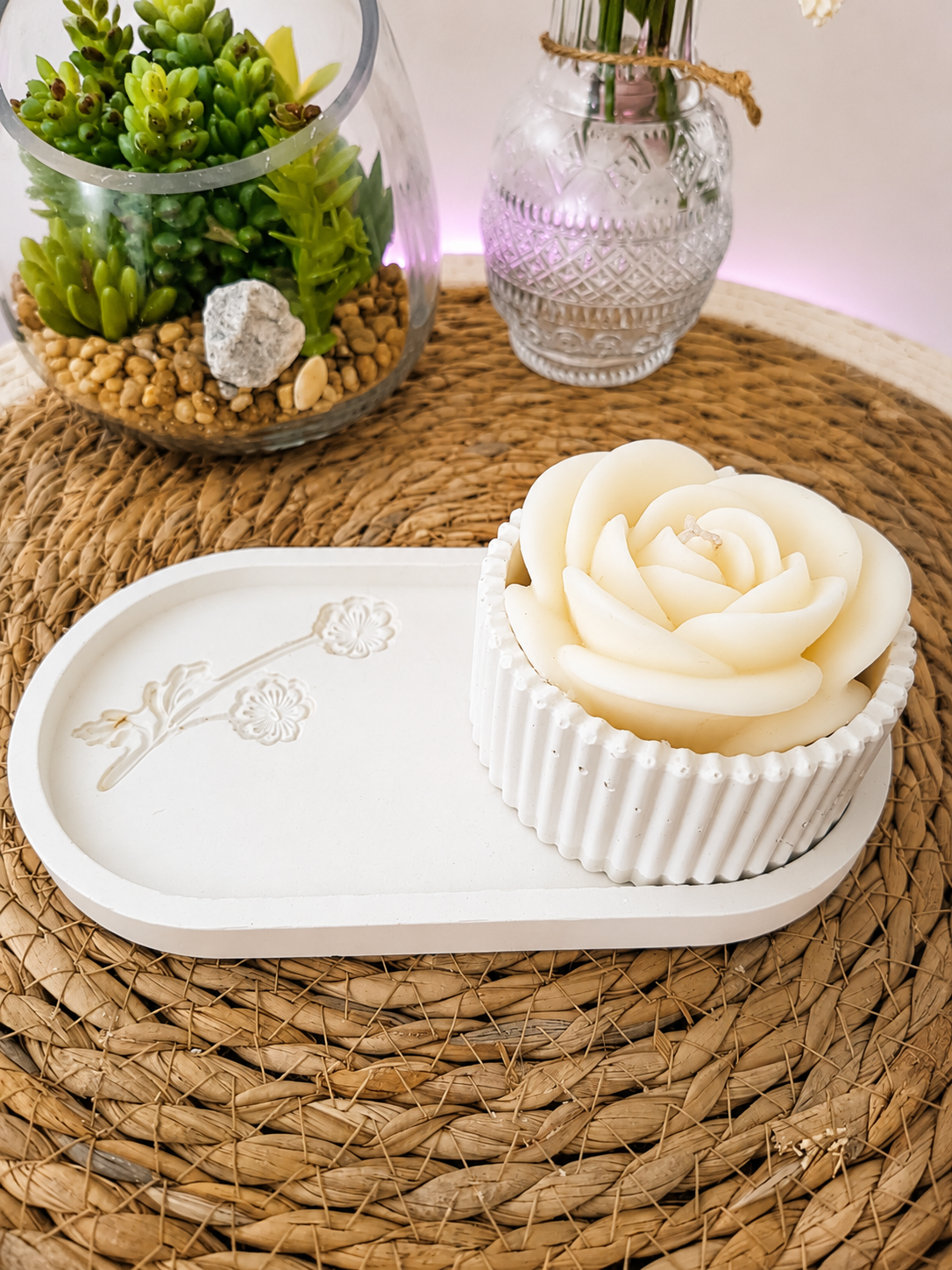 Vide-Poche Gravure Rose & Bougie Pot Cire de Soja