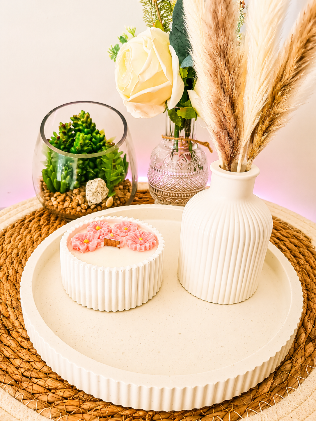 Plateau Céramique – Vase, Pot & Bougie Fleur de Coton
