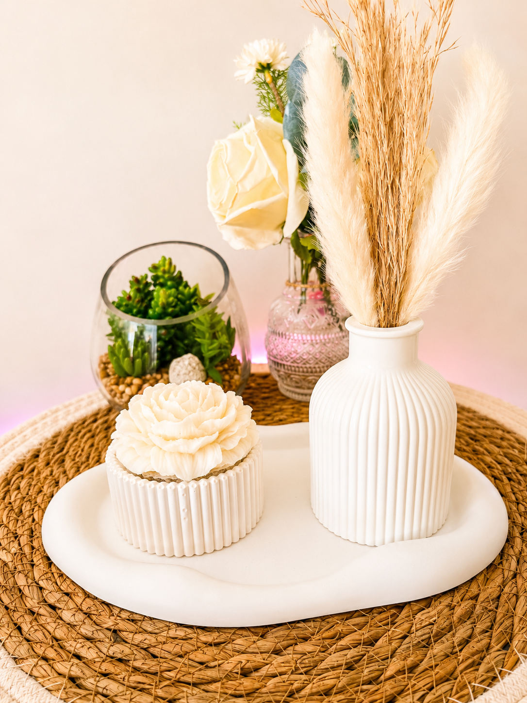 Plateau Céramique – Vase, Pot & Grande Bougie Pivoine Fleur de Coton