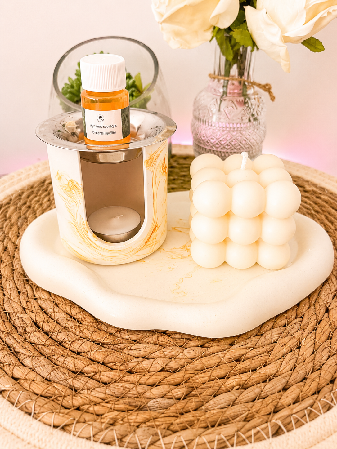 Plateau Céramique Marbre Jaune – Brûleur, Fondants Agrume Sauge & Bougie Bouboule Framboise Citron
