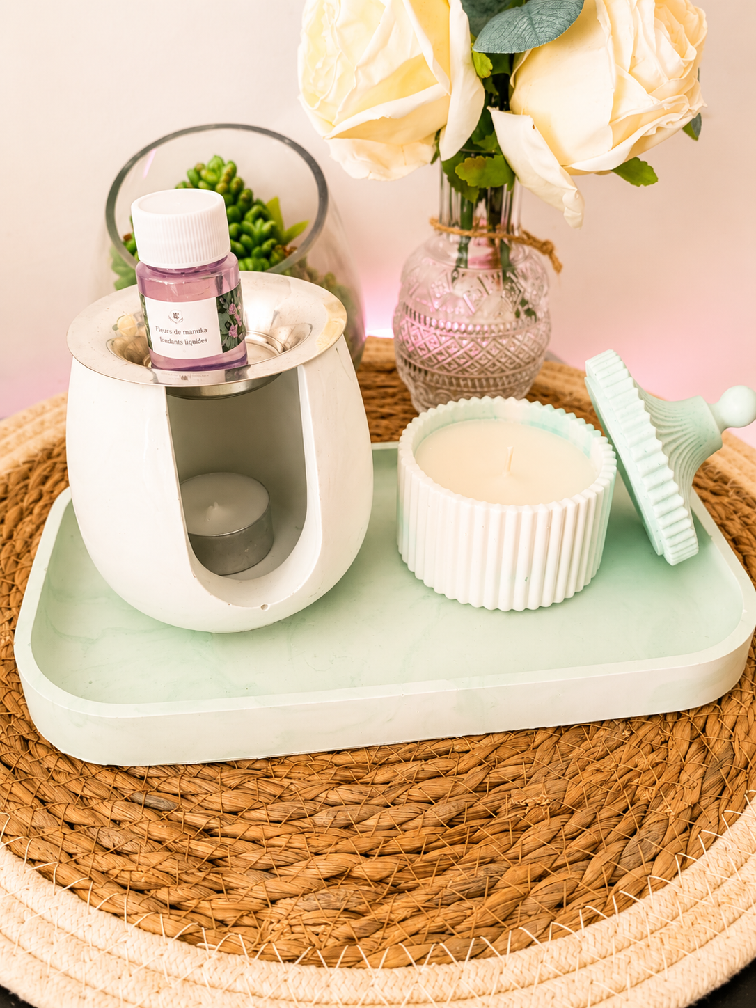 Plateau Céramique Vert Clair – Brüleur, Fondants Fleurs de Maquis & Bougie Fraise Tagada